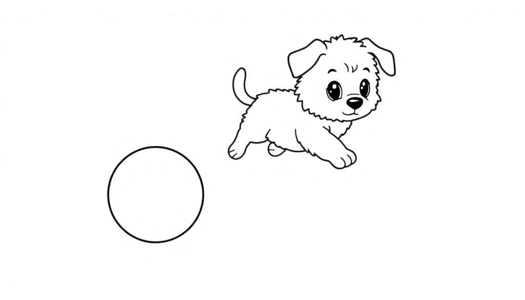 A black and white cartoon dog chasing a ball, perfect for a color panel.