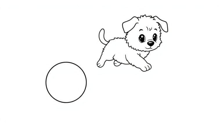 A black and white cartoon dog chasing a ball, perfect for a color panel.