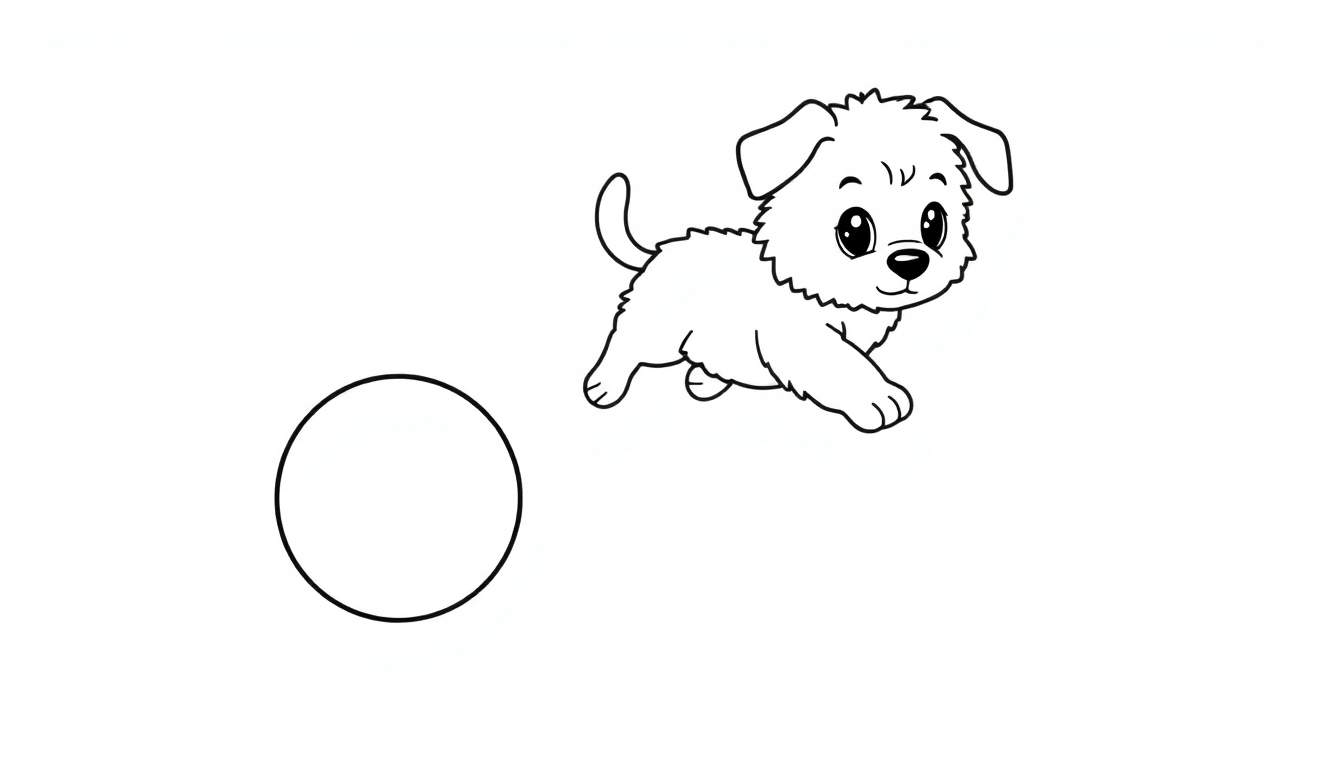 A black and white cartoon dog chasing a ball, perfect for a color panel.