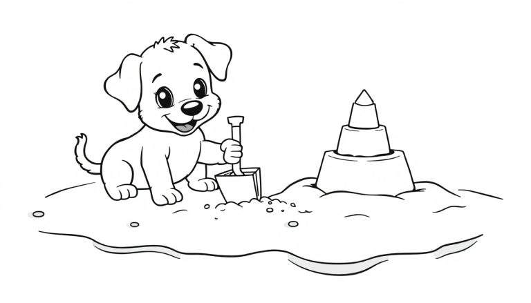 A cute black and white coloring page of a playful puppy building a sandcastle on the beach, a color panel for little artists.