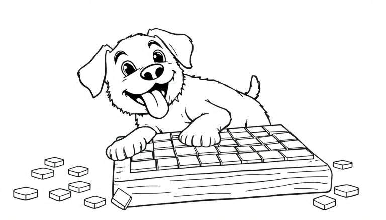 A happy cartoon puppy with its tongue out, leaning on a giant chocolate bar color panel.