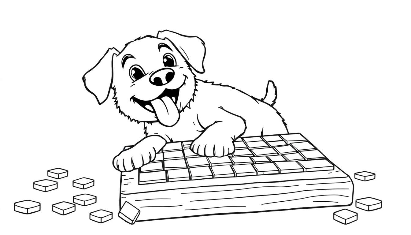 A happy cartoon puppy with its tongue out, leaning on a giant chocolate bar color panel.