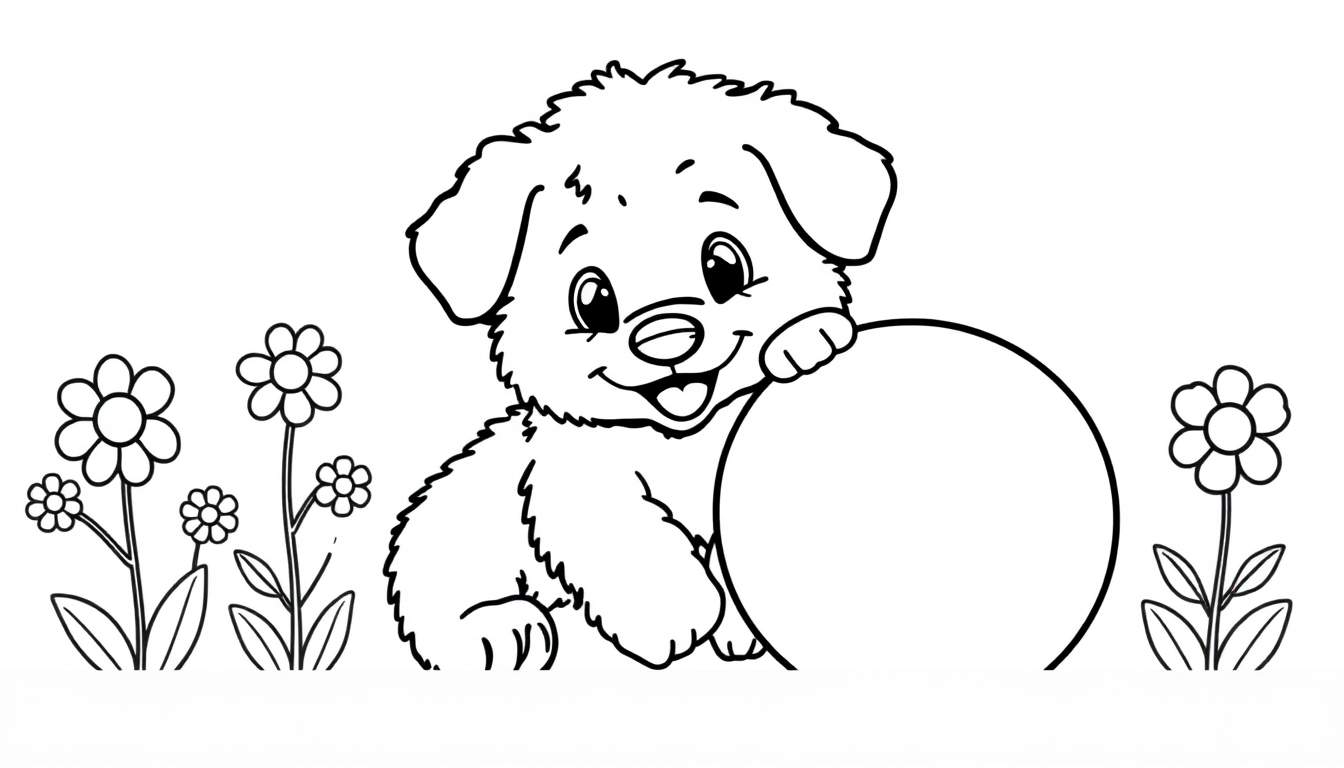 A cute puppy with floppy ears is ready for coloring in this black and white panel, with a large circle and flowers. It's a fun color panel!