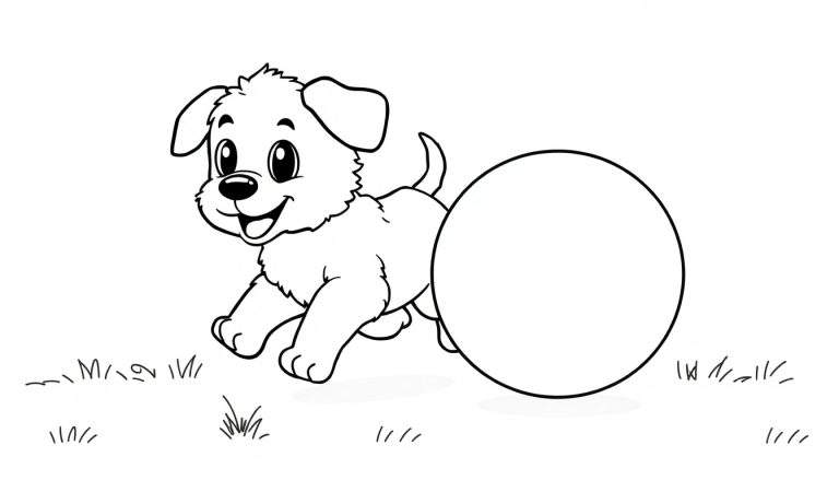 A cute puppy playing with a ball, a black and white color panel illustration.