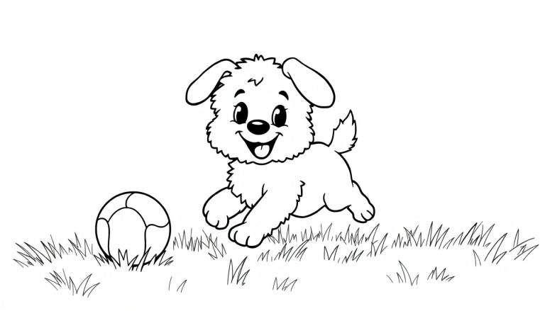 A happy puppy outlined for a color panel, ready to be filled with vibrant colors.