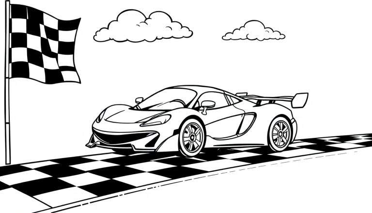 A cute McLaren race car in a black and white color panel, speeding towards a checkered flag finish line with fluffy clouds above.