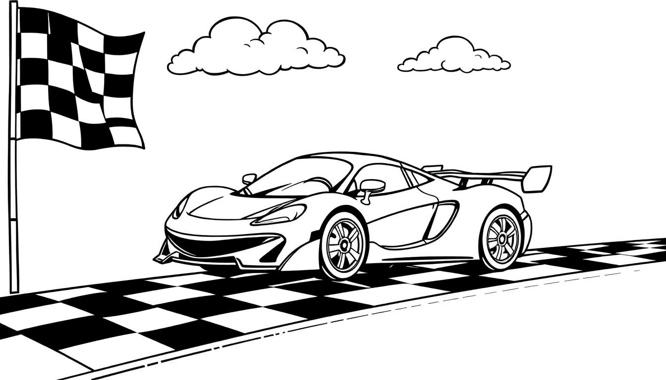 A cute McLaren race car in a black and white color panel, speeding towards a checkered flag finish line with fluffy clouds above.