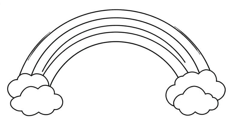 A black and white line drawing of a rainbow with four colorful stripes, connecting two fluffy cloud clusters, perfect for a coloring panel.
