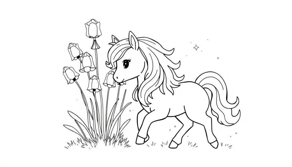 A fluffy baby unicorn with a vibrant rainbow mane, happily prancing through a field of sparkling flowers. Great for coloring fun!