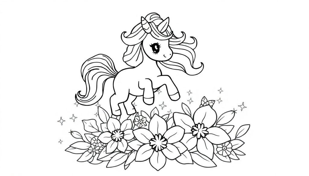 A fluffy baby unicorn with a vibrant rainbow mane prances happily through a field of sparkling flowers, ready for coloring!