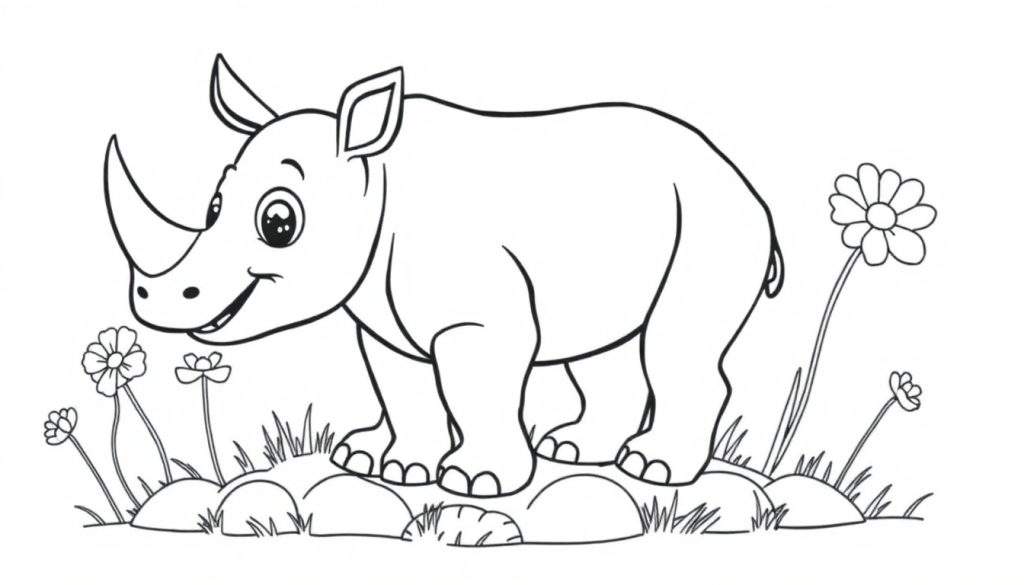 A friendly baby rhino, outlined for coloring, with big eyes and a tiny horn, on a mound with flowers and grass, ready for the color panel.