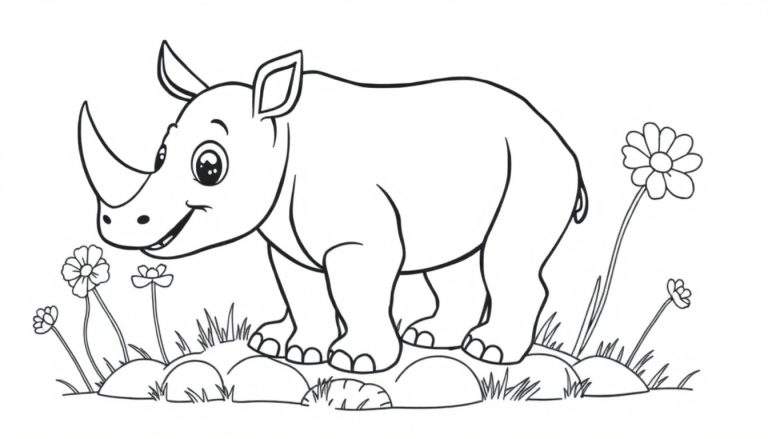 A friendly baby rhino, outlined for coloring, with big eyes and a tiny horn, on a mound with flowers and grass, ready for the color panel.