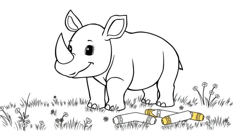 A cute cartoon rhino in a grassy field, ready for coloring on a color panel.