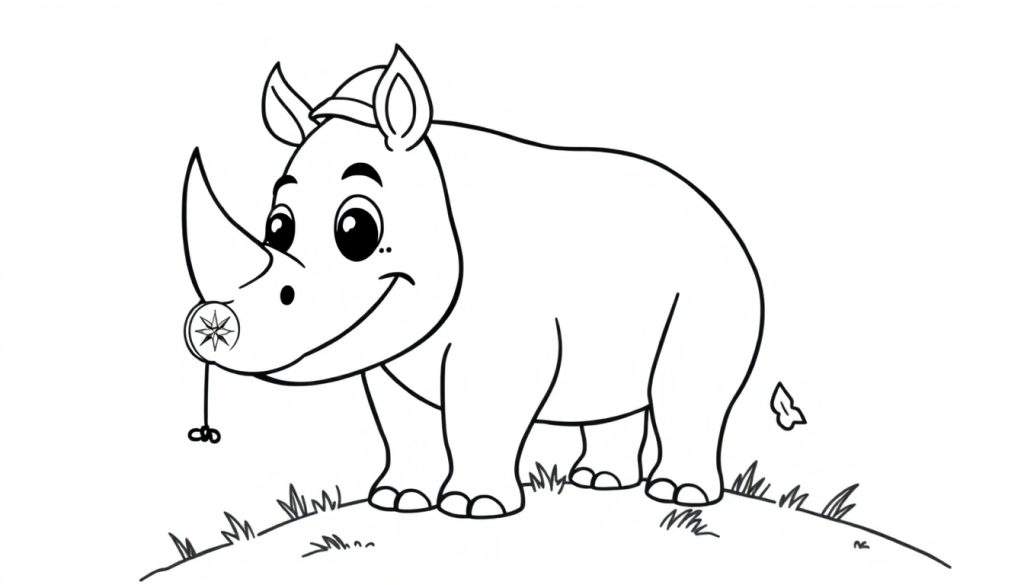 A friendly cartoon rhino with a compass on its horn, ready for an adventure on a grassy hill, perfect for a color panel.