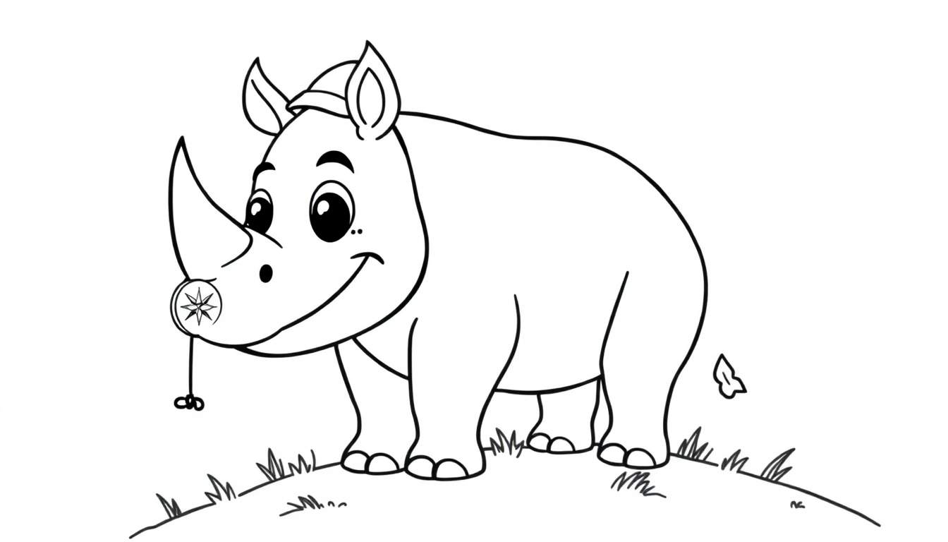 A friendly cartoon rhino with a compass on its horn, ready for an adventure on a grassy hill, perfect for a color panel.