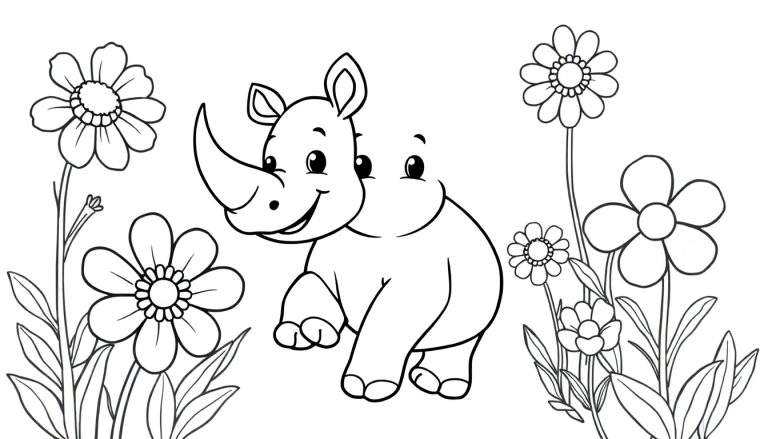 A friendly baby rhino with a big horn and a smile, standing in a field of flowers. This is a black and white cartoon coloring panel.