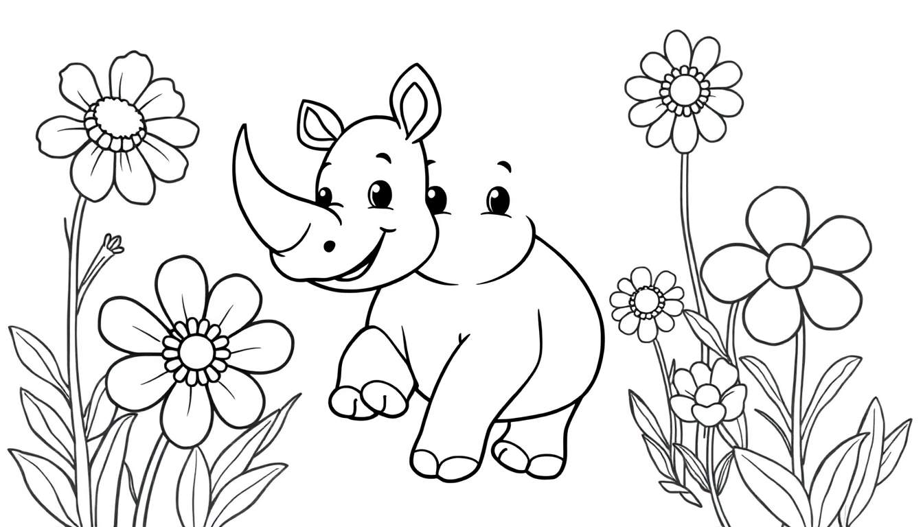 A friendly baby rhino with a big horn and a smile, standing in a field of flowers. This is a black and white cartoon coloring panel.