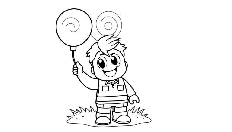 A cute Roblox boy with big eyes, holding a colorful balloon, ready for the color panel.