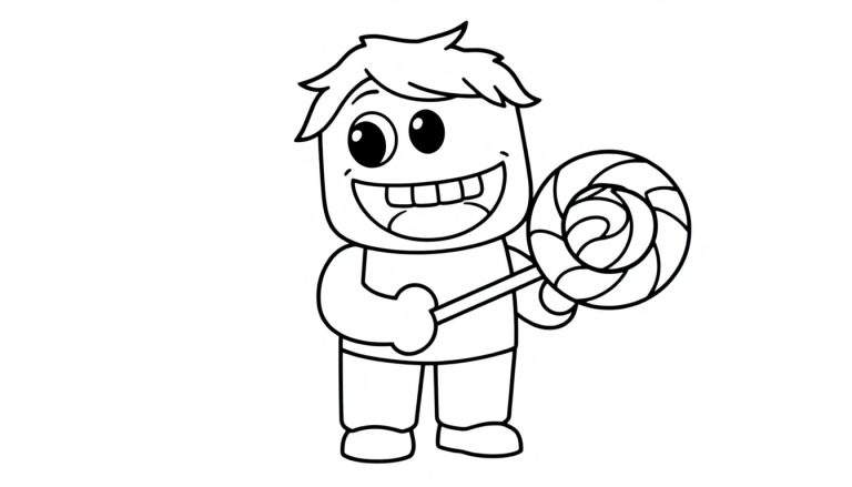 A cute Roblox character coloring page, a child with a big smile holding a swirly lollipop on a color panel.