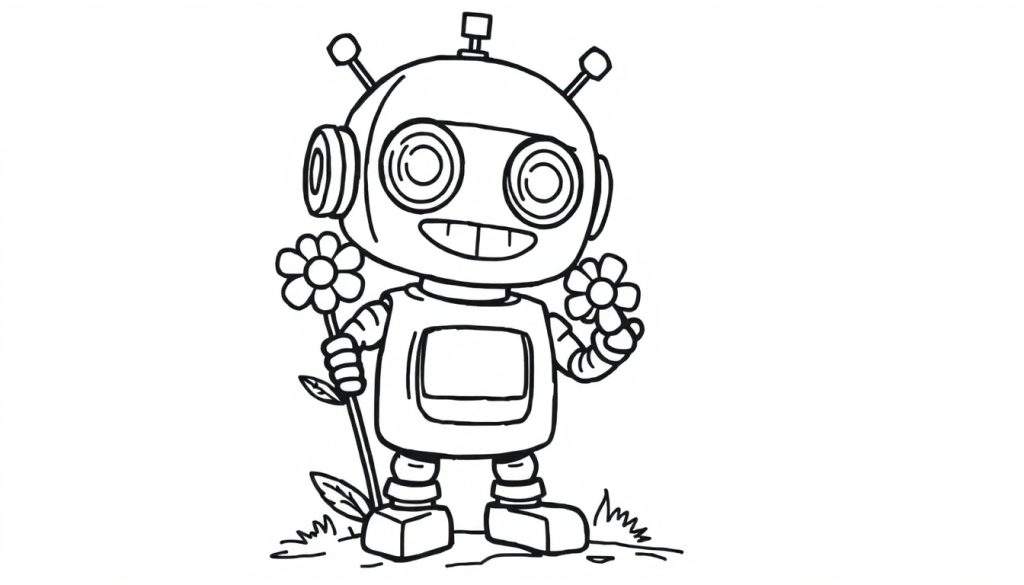 A cute cartoon robot with a square body and a screen, holding flowers, on a color panel.