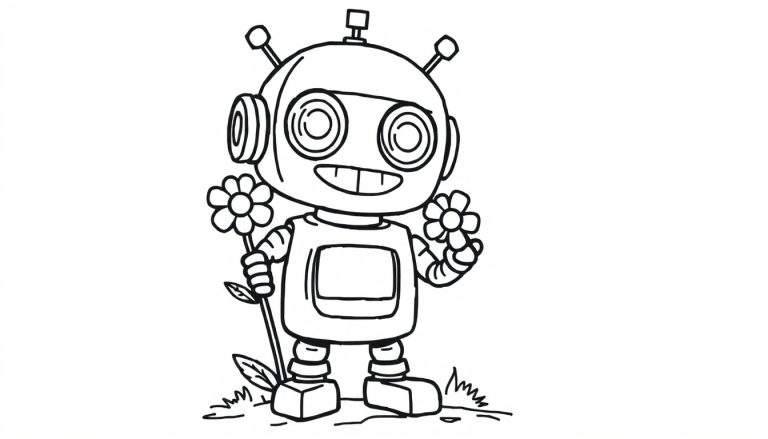 A cute cartoon robot with a square body and a screen, holding flowers, on a color panel.