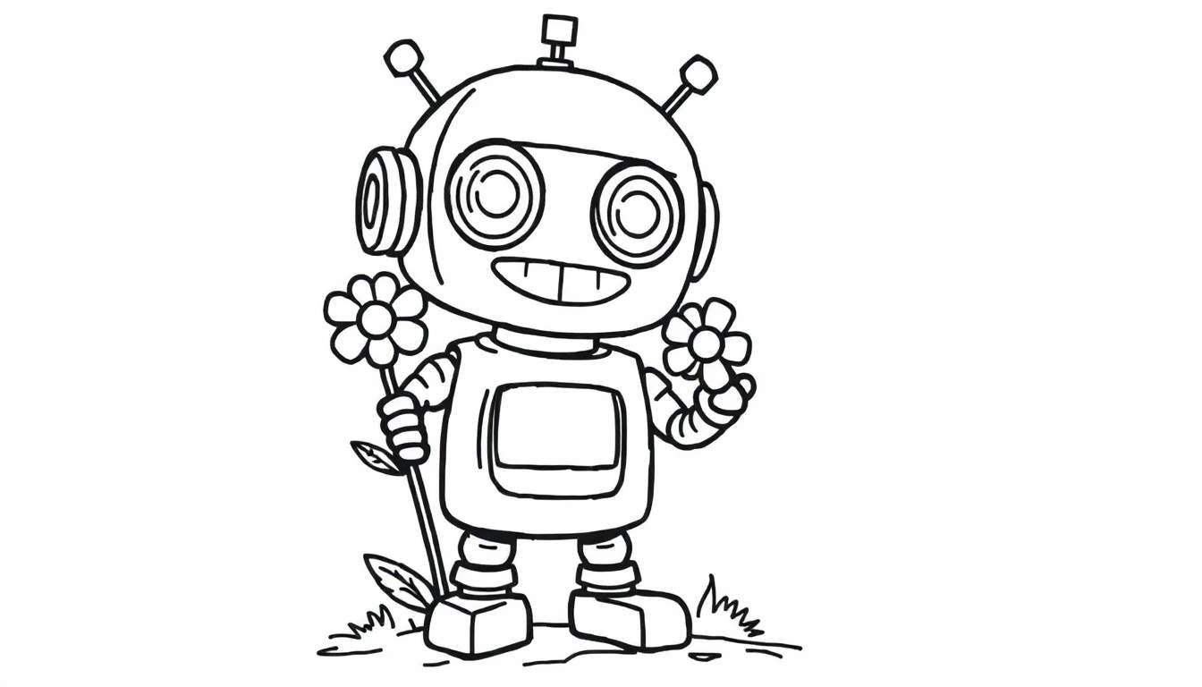 A cute cartoon robot with a square body and a screen, holding flowers, on a color panel.