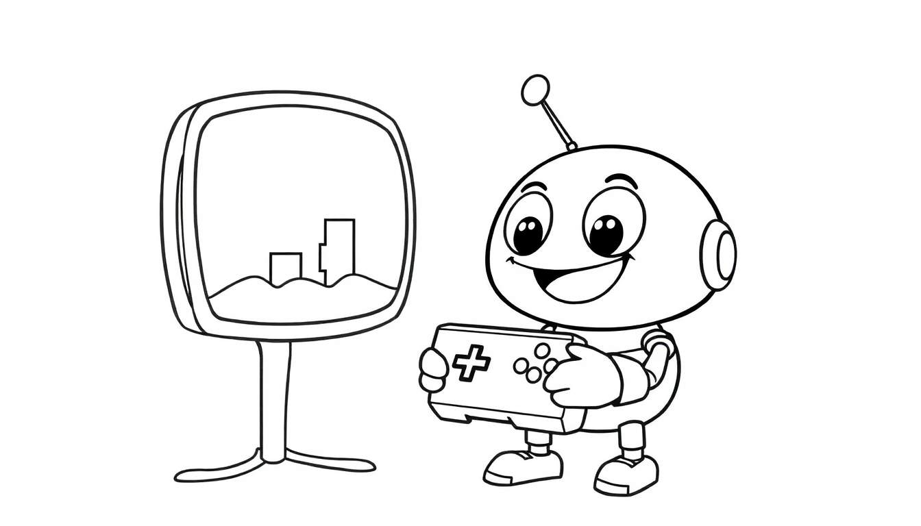 A cute robot with a round head, big eyes, and a smile, playing a video game with a controller. A black and white color panel.