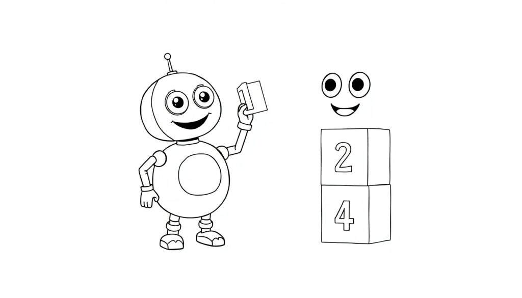 A friendly robot holding a '1' block, with '2' and '4' blocks next to it, part of a black and white color panel.