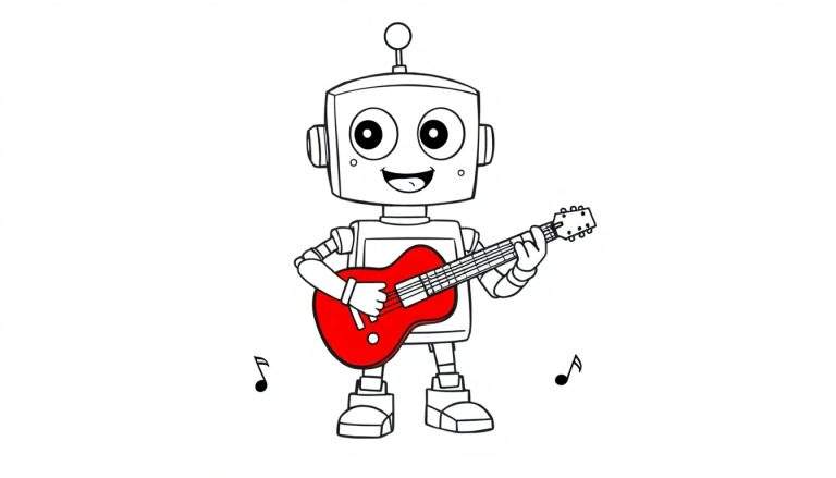 A cute cartoon robot playing a red guitar, ready for a coloring panel.