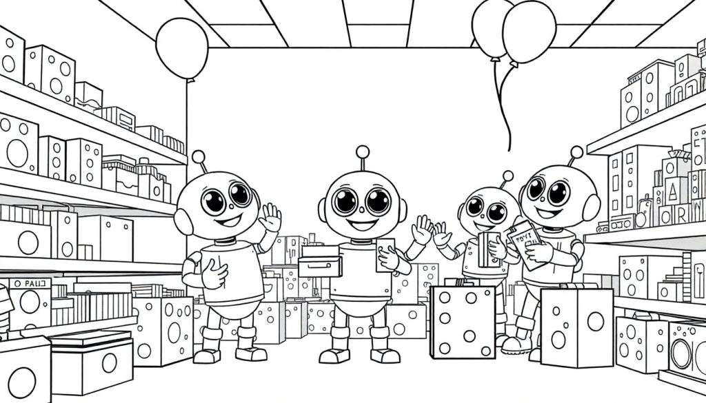 Robots shopping in a store with boxes and balloons, a colorful color panel.