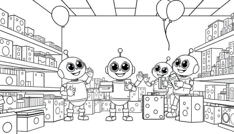 Robots shopping in a store with boxes and balloons, a colorful color panel.