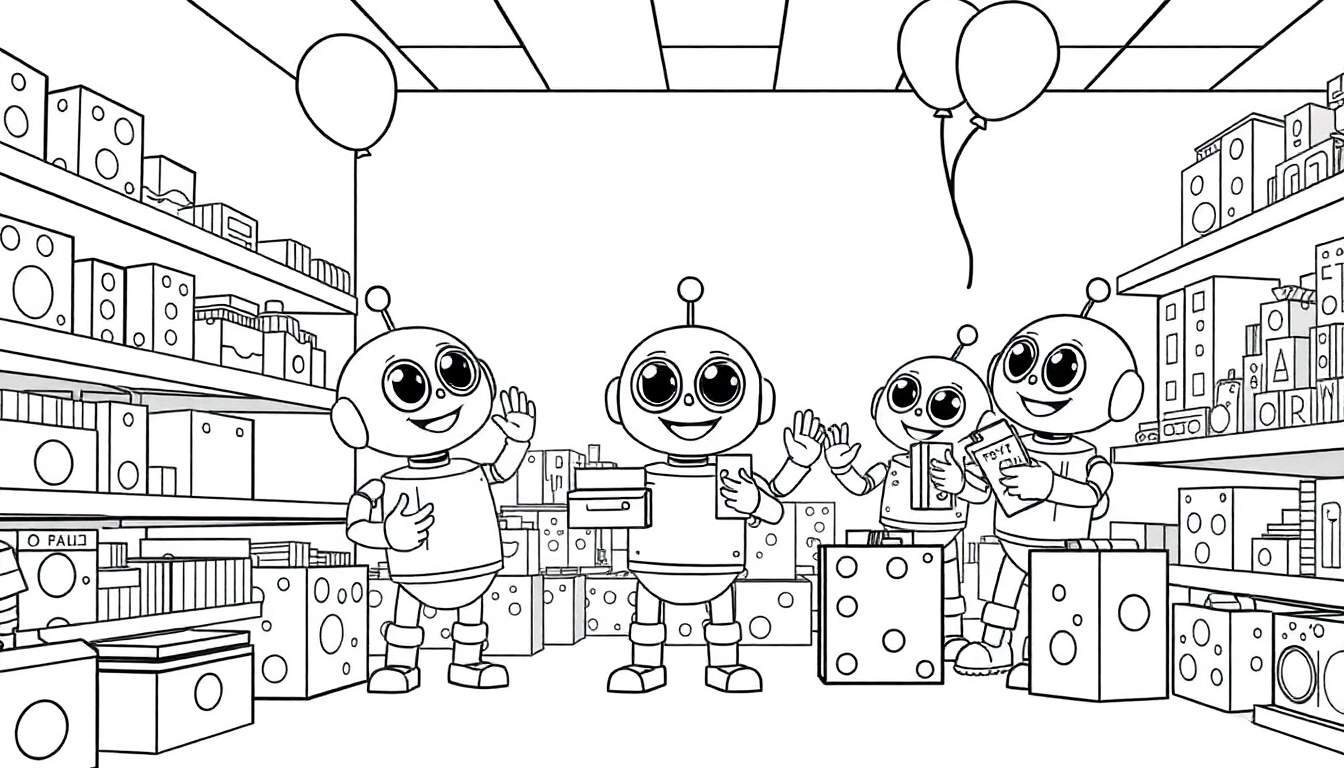 Robots shopping in a store with boxes and balloons, a colorful color panel.