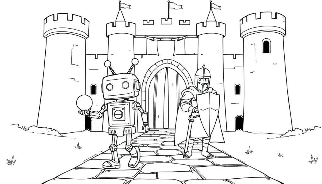 A black and white color panel of a robot and a knight approaching a castle.