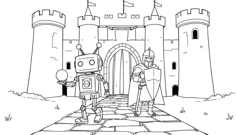 A black and white color panel of a robot and a knight approaching a castle.