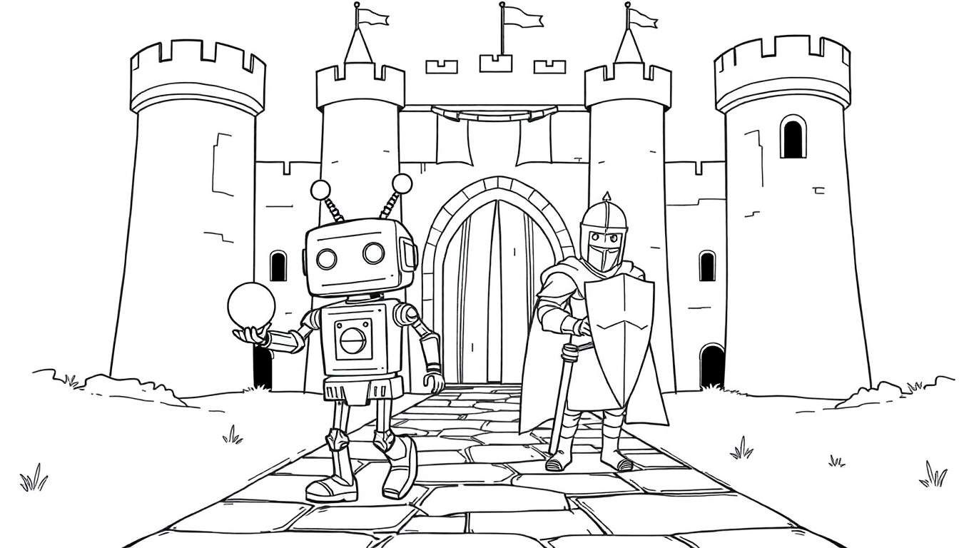A black and white color panel of a robot and a knight approaching a castle.