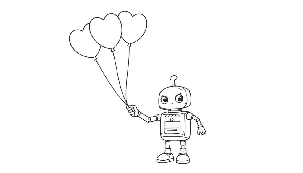 A cute cartoon robot with a small antenna holding three heart-shaped balloons. This coloring page is a fun color panel for kids.