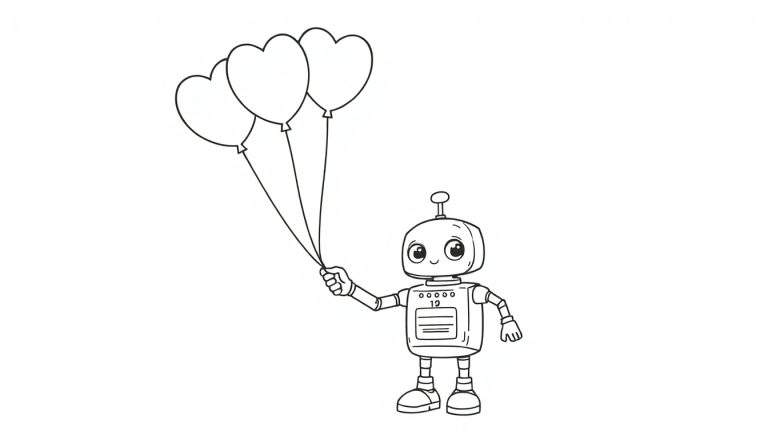 A cute cartoon robot with a small antenna holding three heart-shaped balloons. This coloring page is a fun color panel for kids.