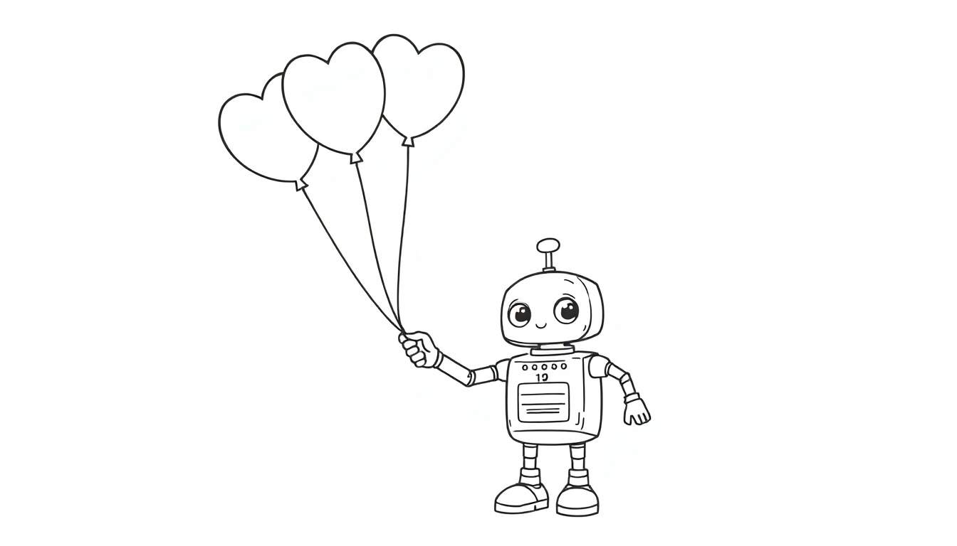 A cute cartoon robot with a small antenna holding three heart-shaped balloons. This coloring page is a fun color panel for kids.