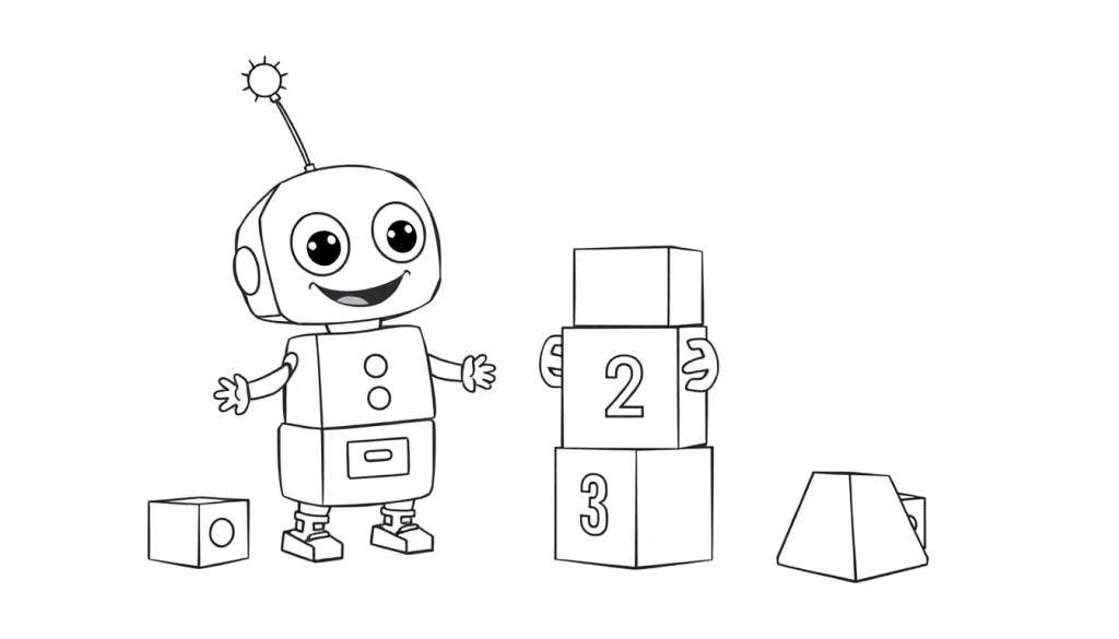 A friendly robot and building blocks, a black and white color panel.