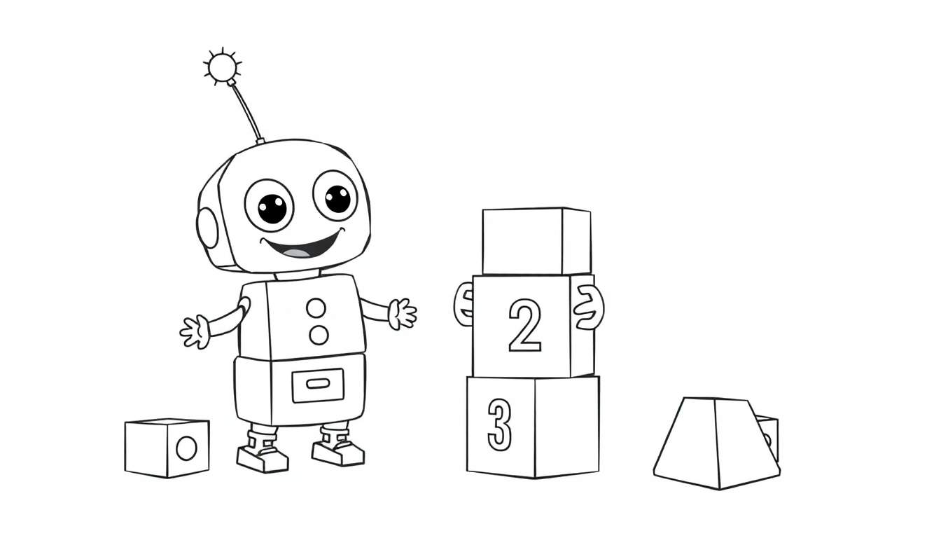 A friendly robot and building blocks, a black and white color panel.