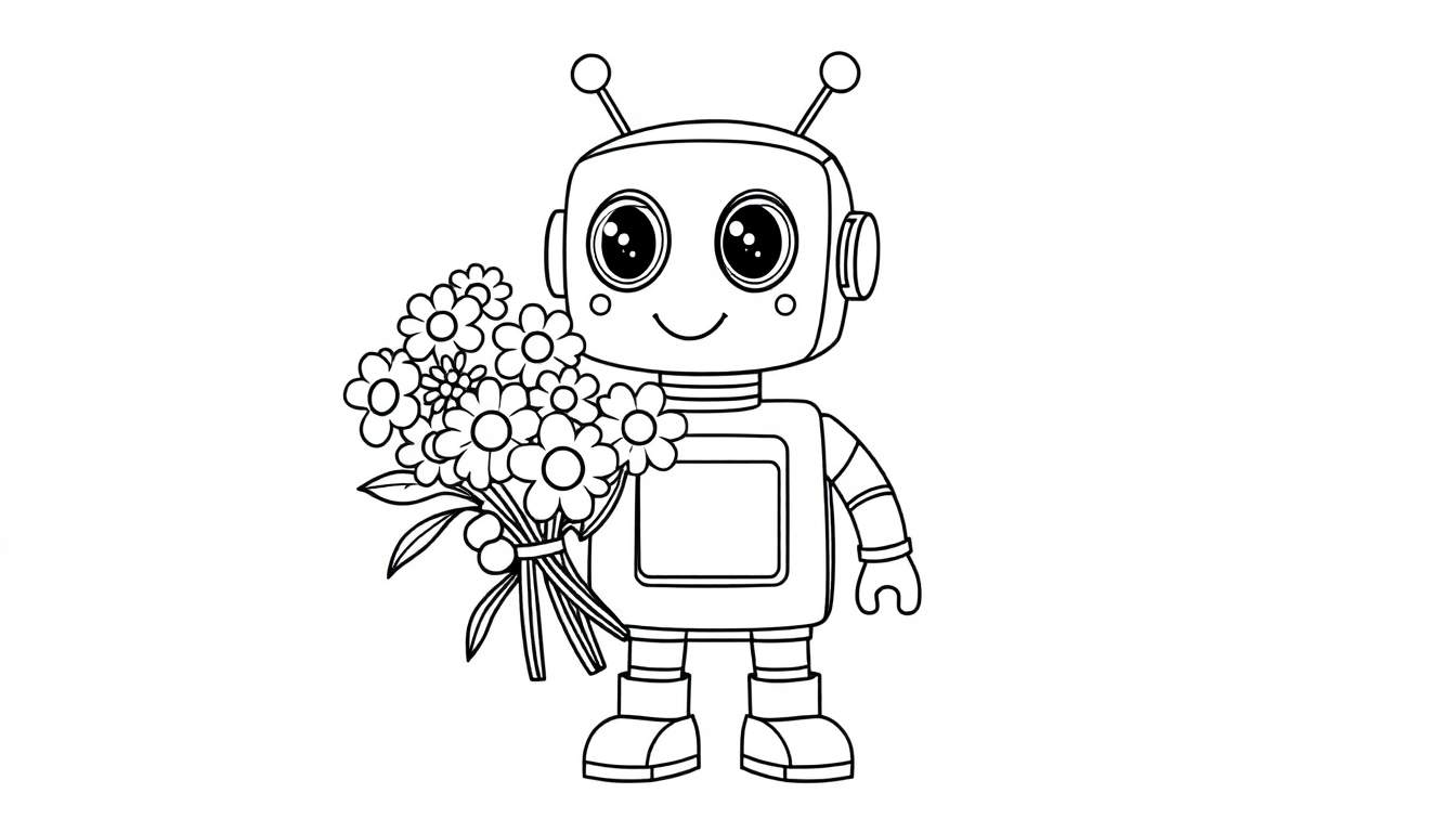 A cute robot with big eyes holding a flower bouquet, ready for coloring, a black and white color panel illustration.