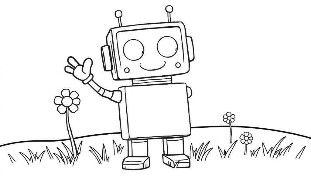 A friendly robot in a flower field, a fun color panel.