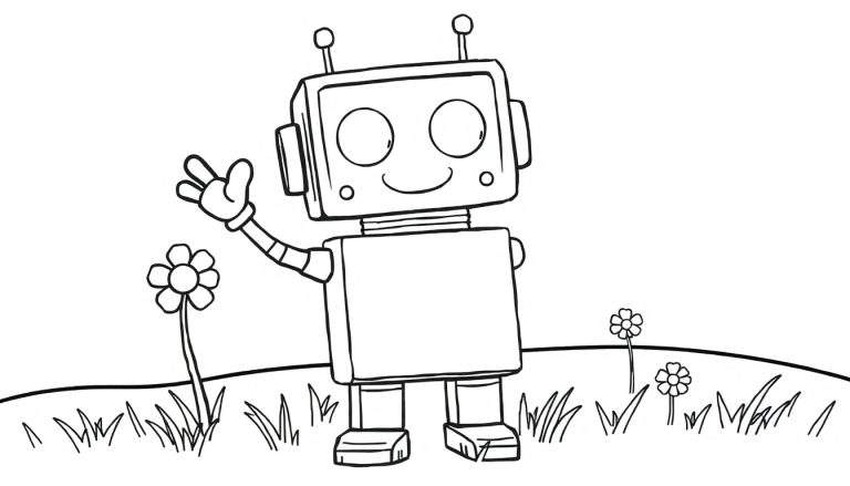 A friendly robot in a flower field, a fun color panel.