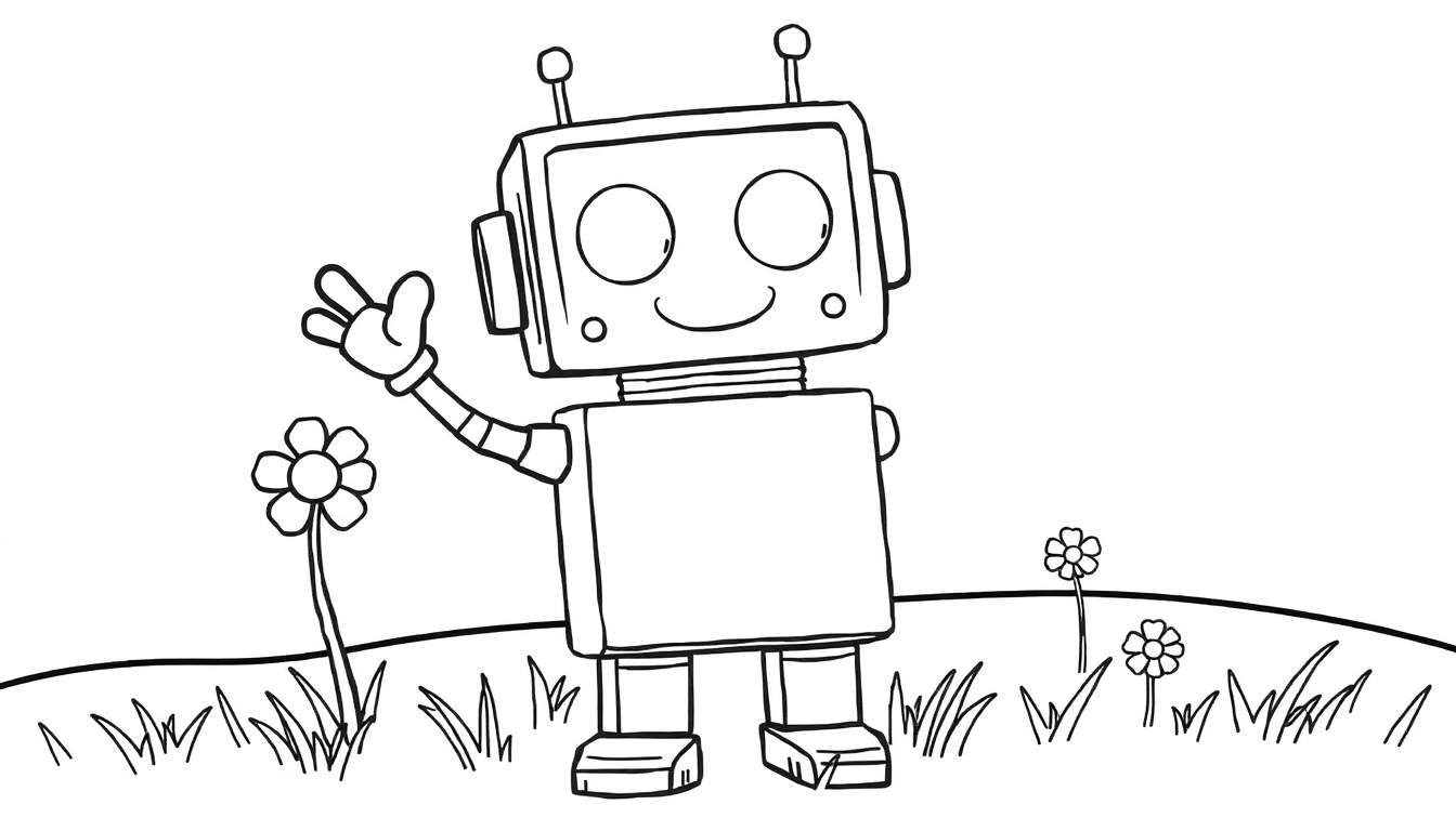 A friendly robot in a flower field, a fun color panel.