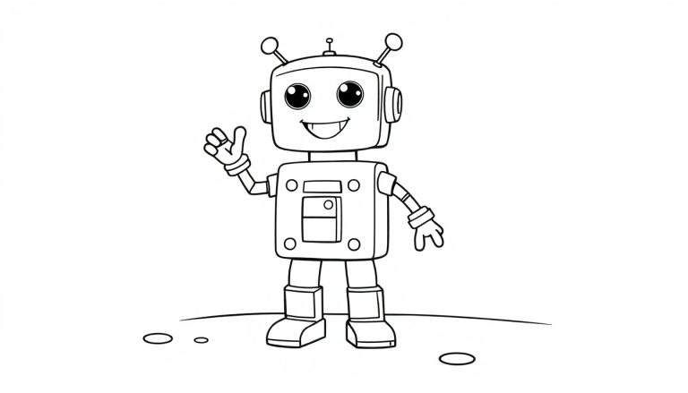 A friendly black and white robot with a color panel ready to be colored, waving on a planet.