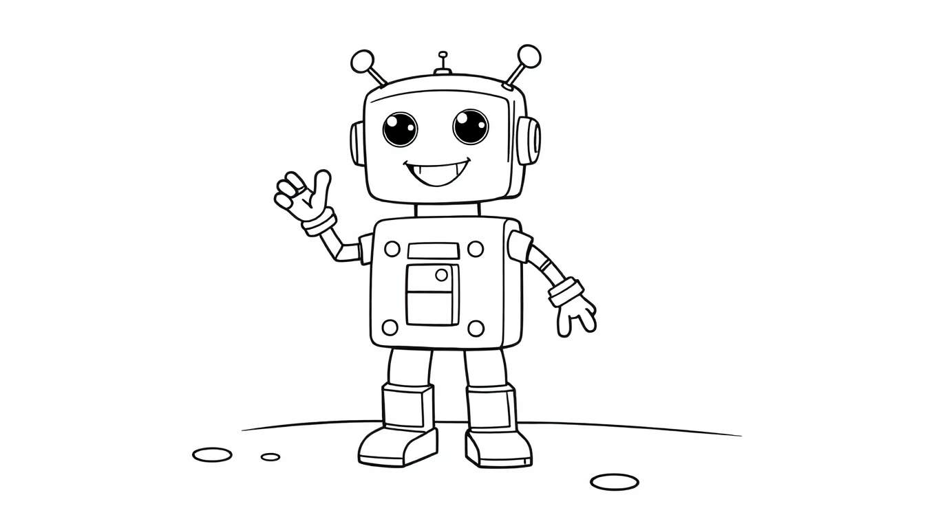 A friendly black and white robot with a color panel ready to be colored, waving on a planet.