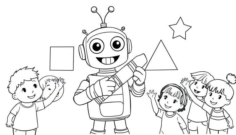 A cheerful robot with a crayon, surrounded by happy children and floating shapes, ready for a coloring panel adventure.