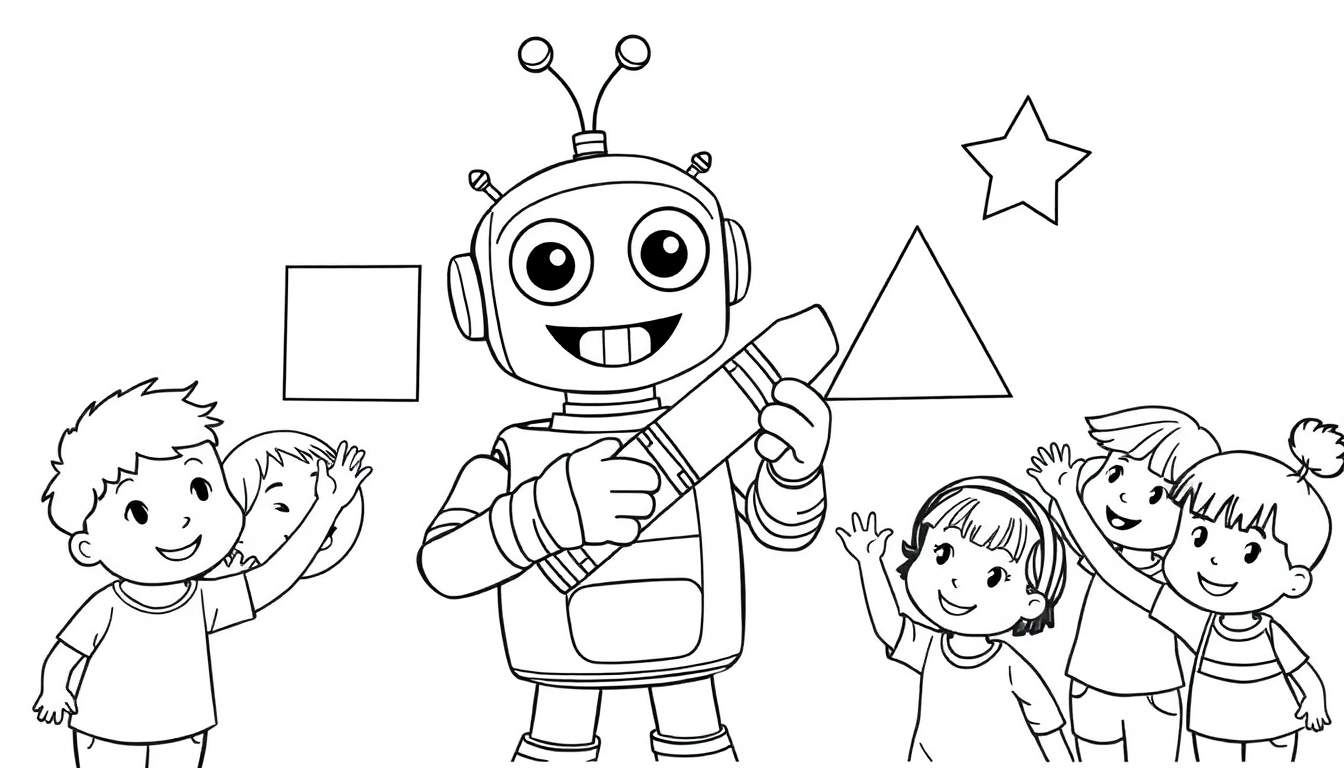 A cheerful robot with a crayon, surrounded by happy children and floating shapes, ready for a coloring panel adventure.