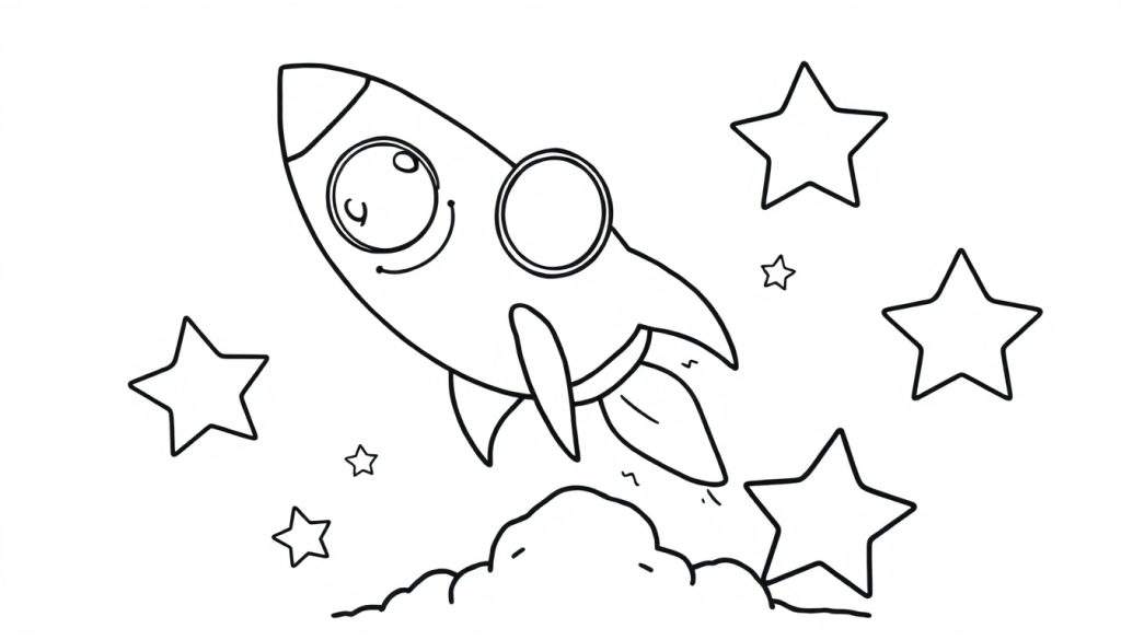 A smiling cartoon rocket ship launching from fluffy clouds, surrounded by stars on a black and white color panel.