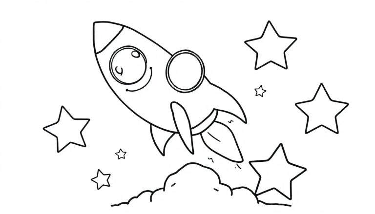 A smiling cartoon rocket ship launching from fluffy clouds, surrounded by stars on a black and white color panel.